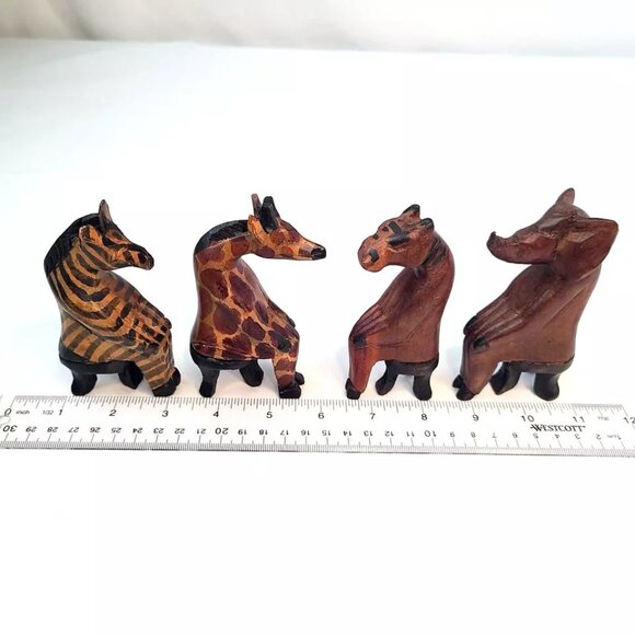 Hand Carved African Safari Animals Wood Wooden Sitting Figures Figurines Set Vtg - Picture 7 of 8